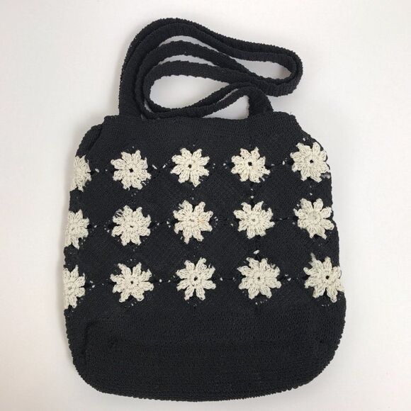 Vintage 90s Cottagecore Black Floral Woven Knit Indie Shoulder Bag Purse - Picture 2 of 6
